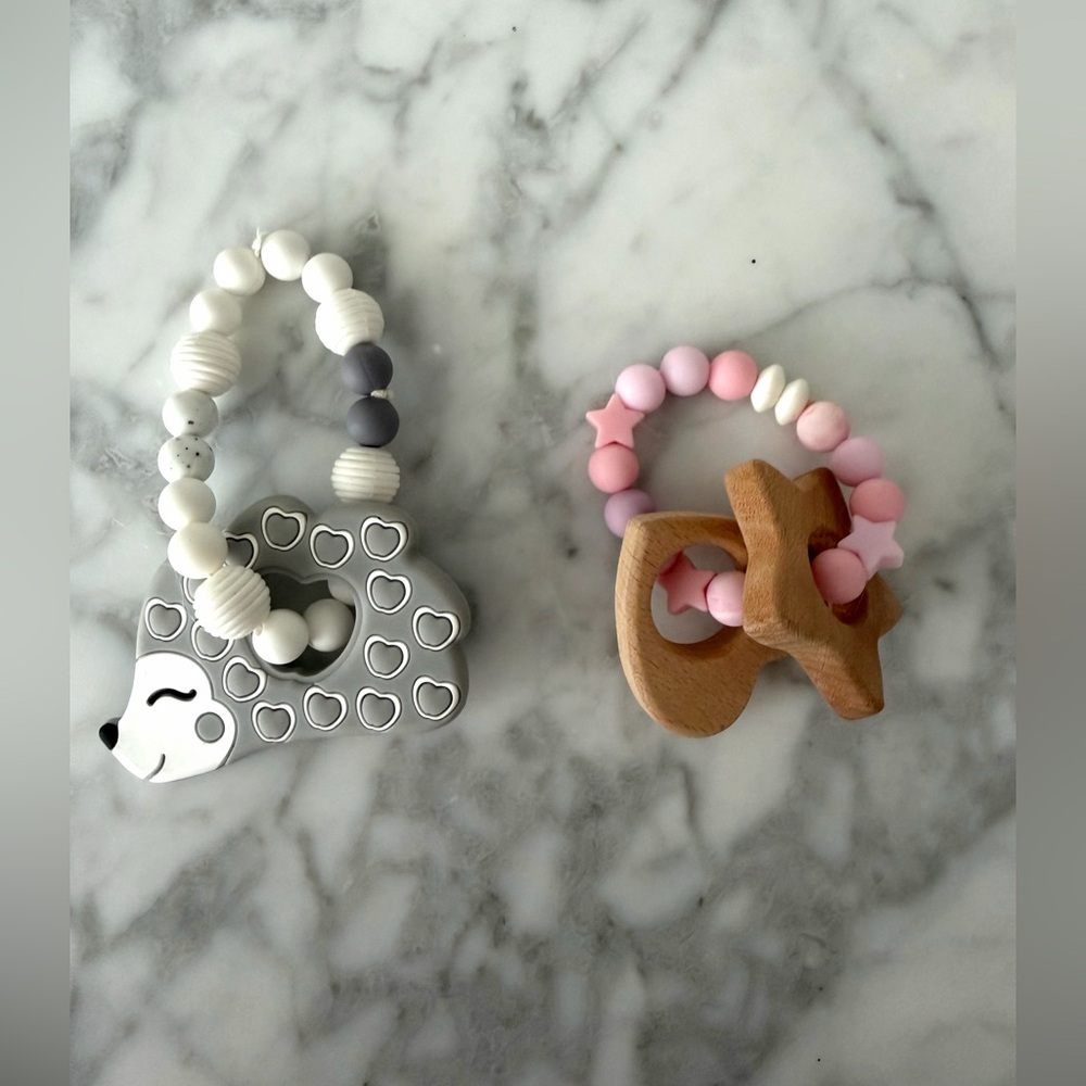 Handmade Silicone & Wood Baby Teether Set (2-Piece) – New